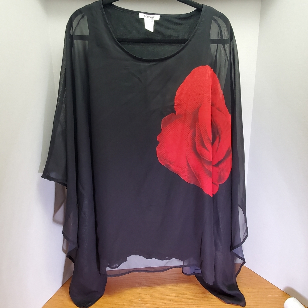 Sheer Poncho Style Blouse W/ Red Rose Design Womans XL